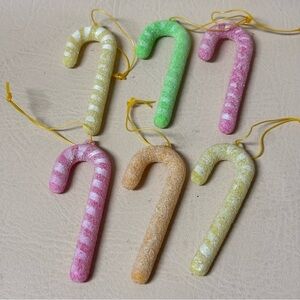 Vintage Sugar Cane Christmas Ornaments Retro Kitsch Set Of 6
